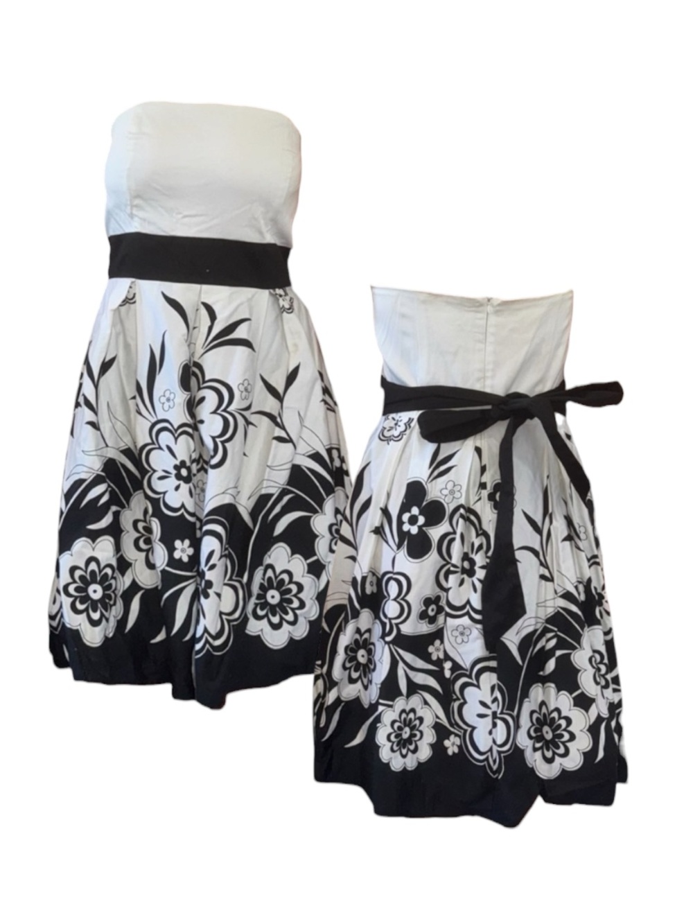 Black and White Floral Strapless Dress